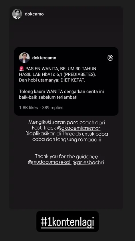 Threads @doktercamo: 1.800 likes dan 389 balasan setelah pakai saran coach Fast Track