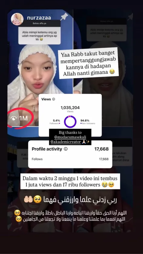 Insight @nurzazaa: 1.035.204 views dari 17.668 followers dalam 2 minggu
