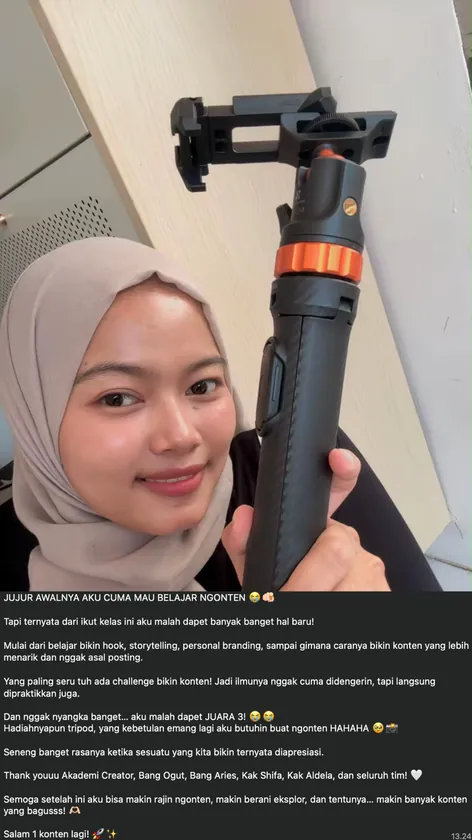 Testimoni alumni yang dapat Juara 3 dan hadiah tripod